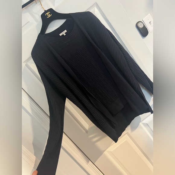 lafayette 148 matching set KNIT RIBBED OPEN FRONT CARDIGAN & bateau neck top L - Picture 6 of 16